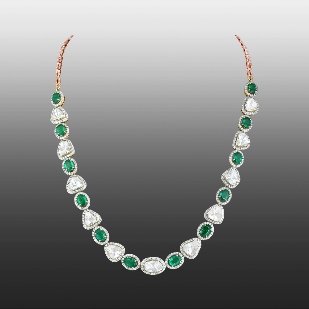 Oval Emerald Necklace with Unshaped Polki & Diamond Halo Borders